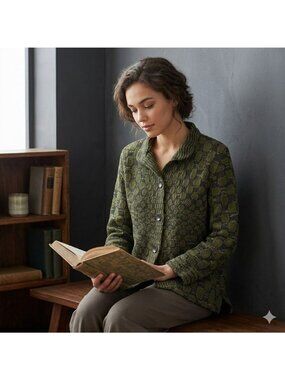 Arlene Wohl Handwoven Artisan Jacket Lagenlook Boho Artsy Textured Small Green